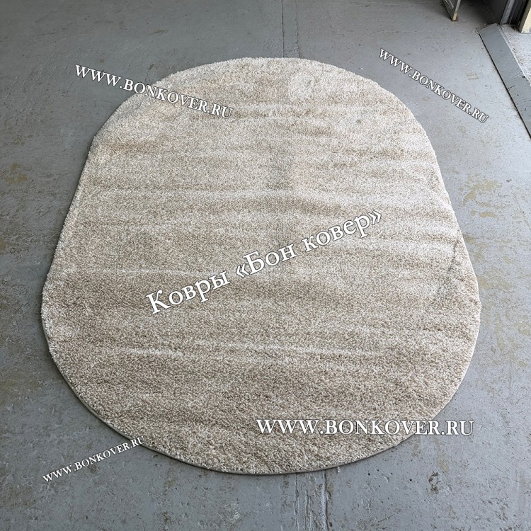 Бежевый с Белым Овальный Ковер С Длинным Ворсом